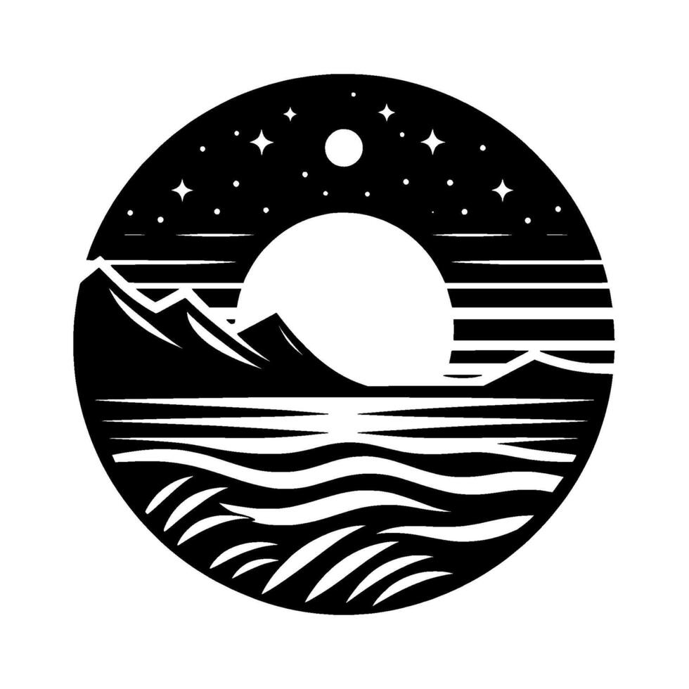 A minimalist black and white circular illustration of a starlit night sky above a serene landscape with mountains and a body of water, and a large moon. vector