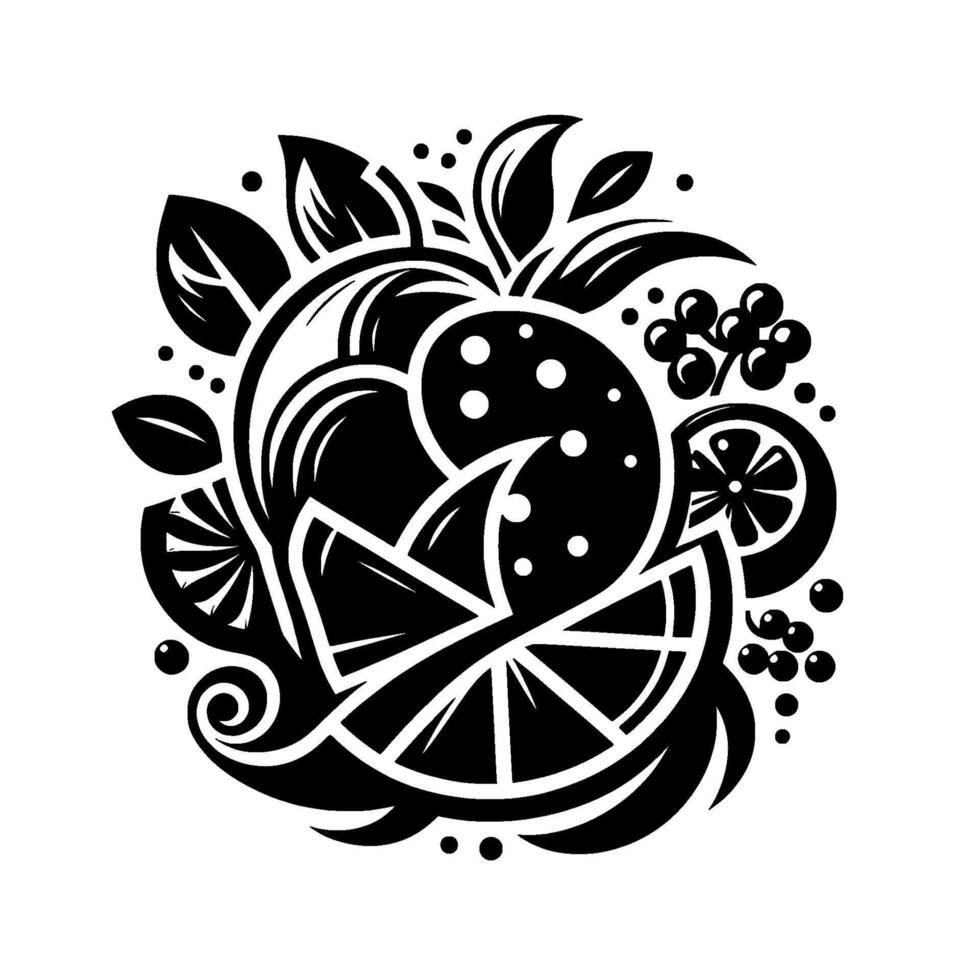 Elegant Black and White Illustration of Citrus Fruit Arrangement, Featuring Oranges, Berries, and Leaves, on White Background. vector