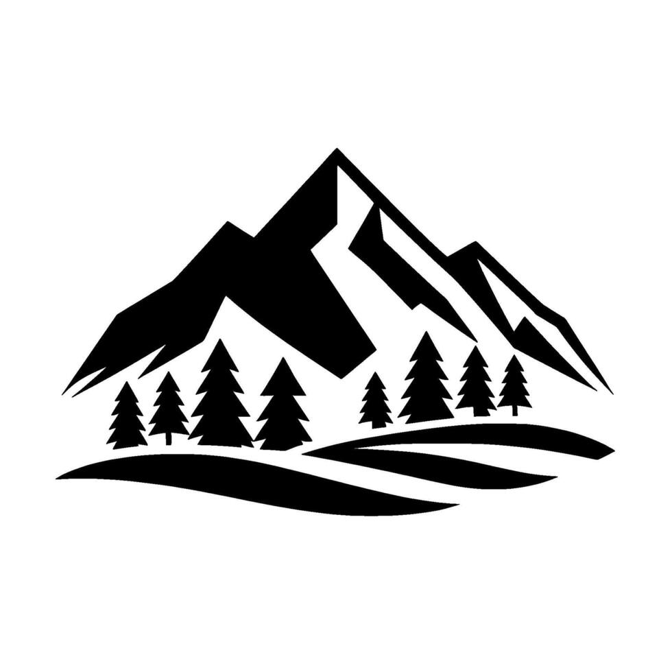 Simplified Black and White Mountain Range Silhouette with Pine Trees and Hills, Outdoor Adventure Symbol vector