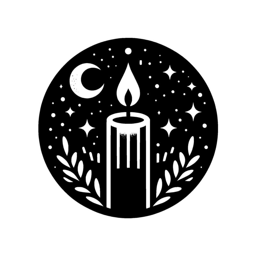 Celestial Candle Stylized black and white illustration of a glowing candle in a starry night circle, surrounded by leaves and a crescent moon. vector