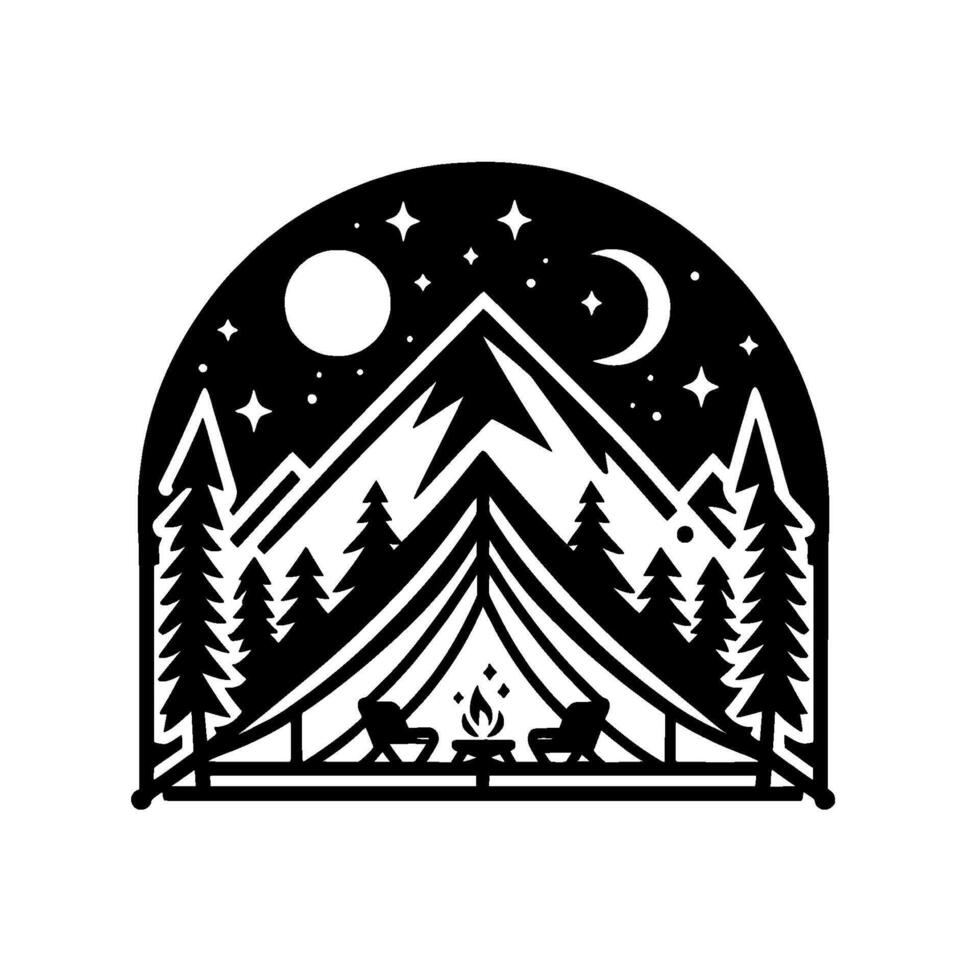Black and White Camping Scene Mountain silhouette, starry night sky with moon and crescent, trees, tent, fire, and two chairs. vector