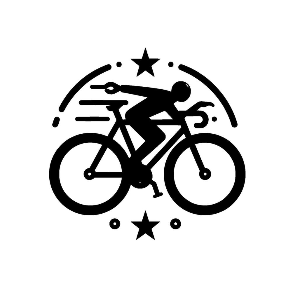 Black and White Cyclist in Motion with Star Accents, Bicycle Silhouette in a Circular Frame, Representing Speed and Sport. vector