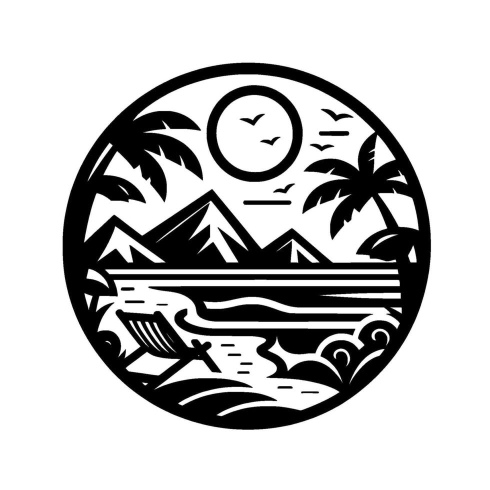 A circular, black and white minimalist illustration of a tropical beach scene, featuring mountains, palm trees, sun, waves and a lounge chair. vector