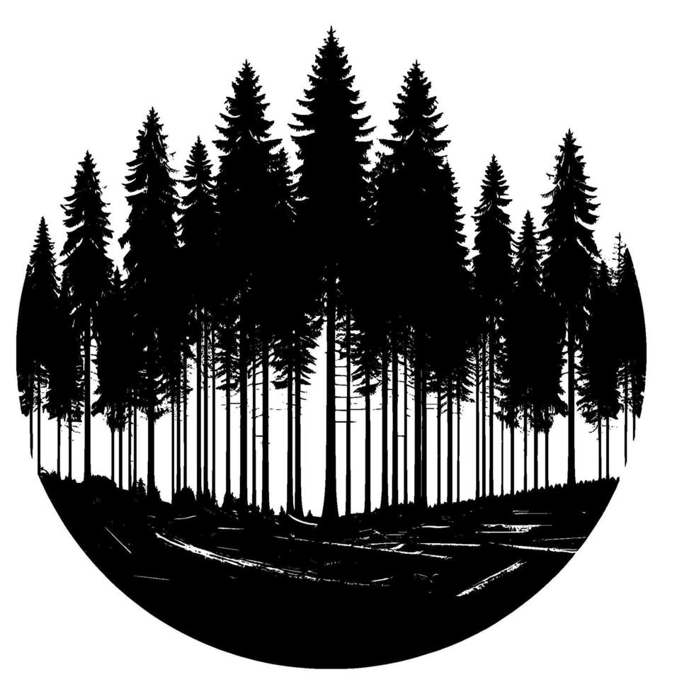 Silhouetted Evergreen Forest within a Circle, Featuring Fallen Logs on the Ground, a Study in Black and White Contrast. vector