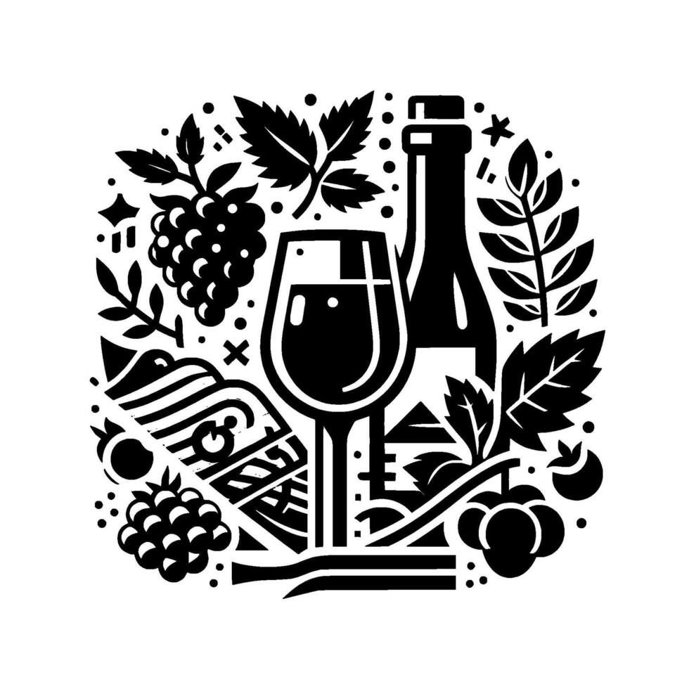 Stylized Black and White Circular Composition of Wine Elements Grapes, Bottle, Glass, and Foliage. vector