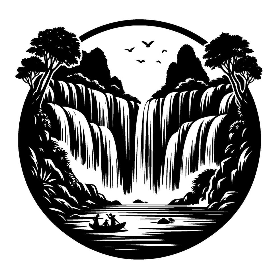 Black and white circle illustration of a majestic waterfall cascading into a tranquil river, with a boat, trees, and mountains under a birdfilled sky. vector
