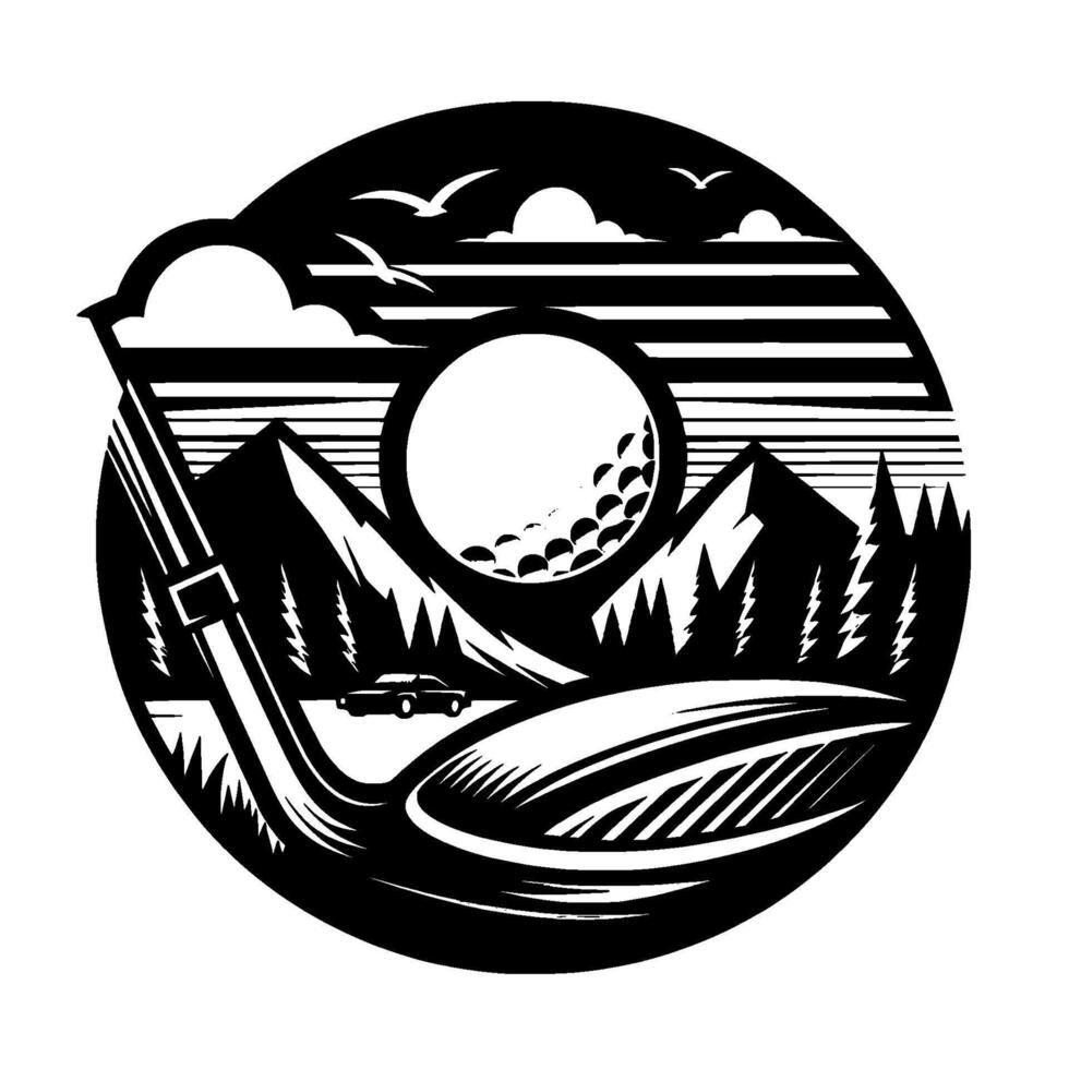 Black and white golf landscape within a circular frame features a golf club, ball, mountains, forest, clouds, car, and birds. vector