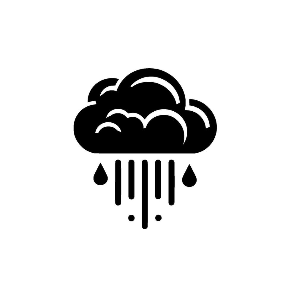 Minimalist black and white depicting a stylized cumulonimbus cloud raining, presented against a clean white background. vector