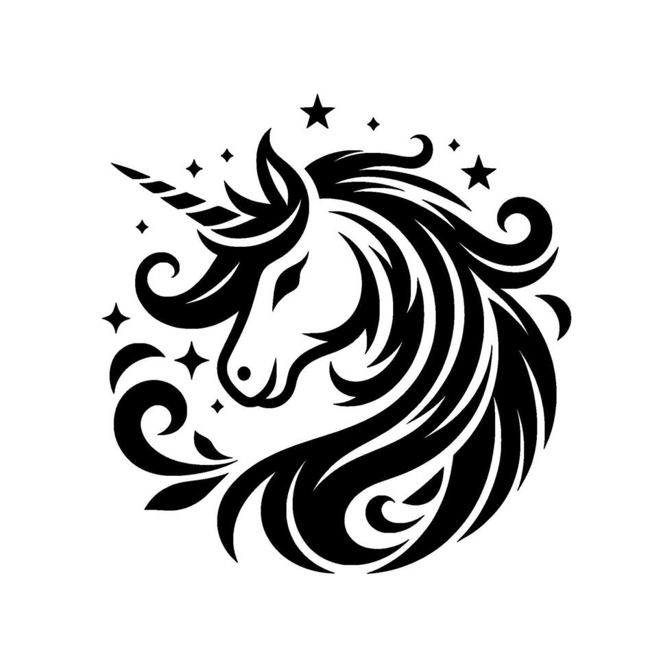Intricate Black and White Unicorn Head with Flowing Mane, Horn, and Starbursts, Symbolic Illustration. vector