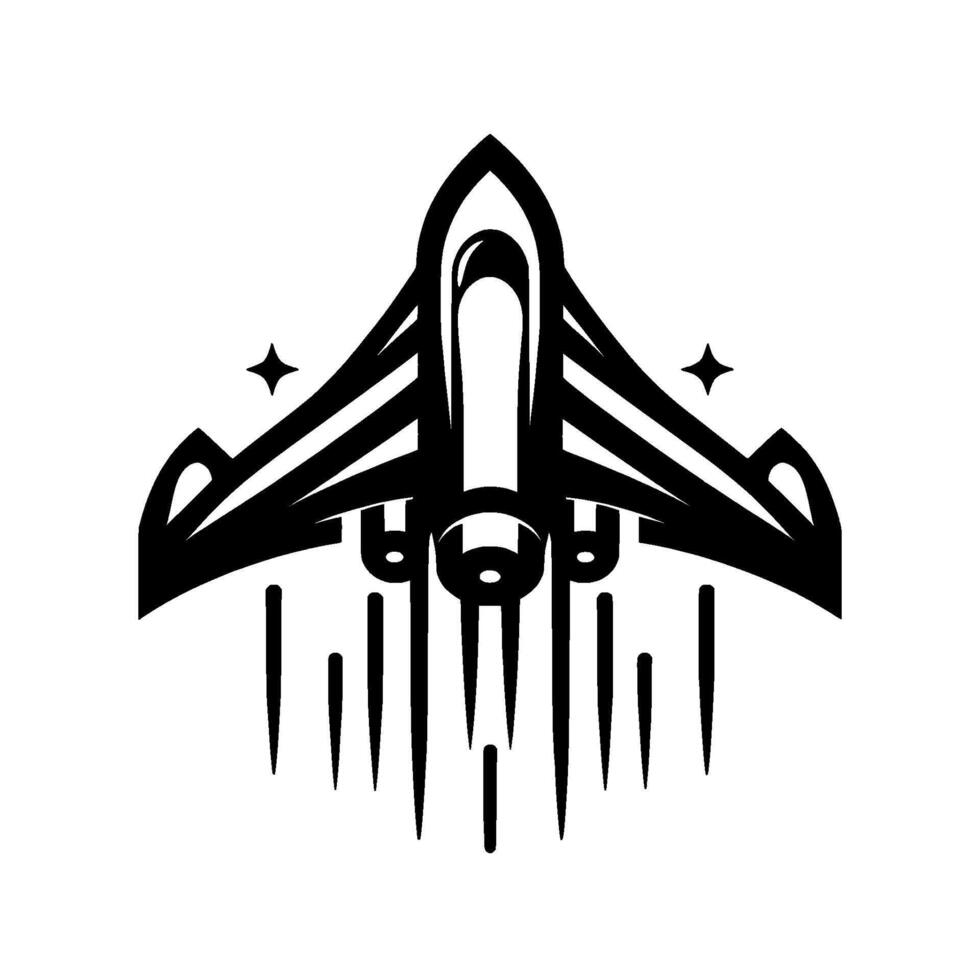 Minimalist Black and White Space Shuttle Emblem, Illustration with Ascending Thrust Lines and Star Accents, Isolated on White. vector