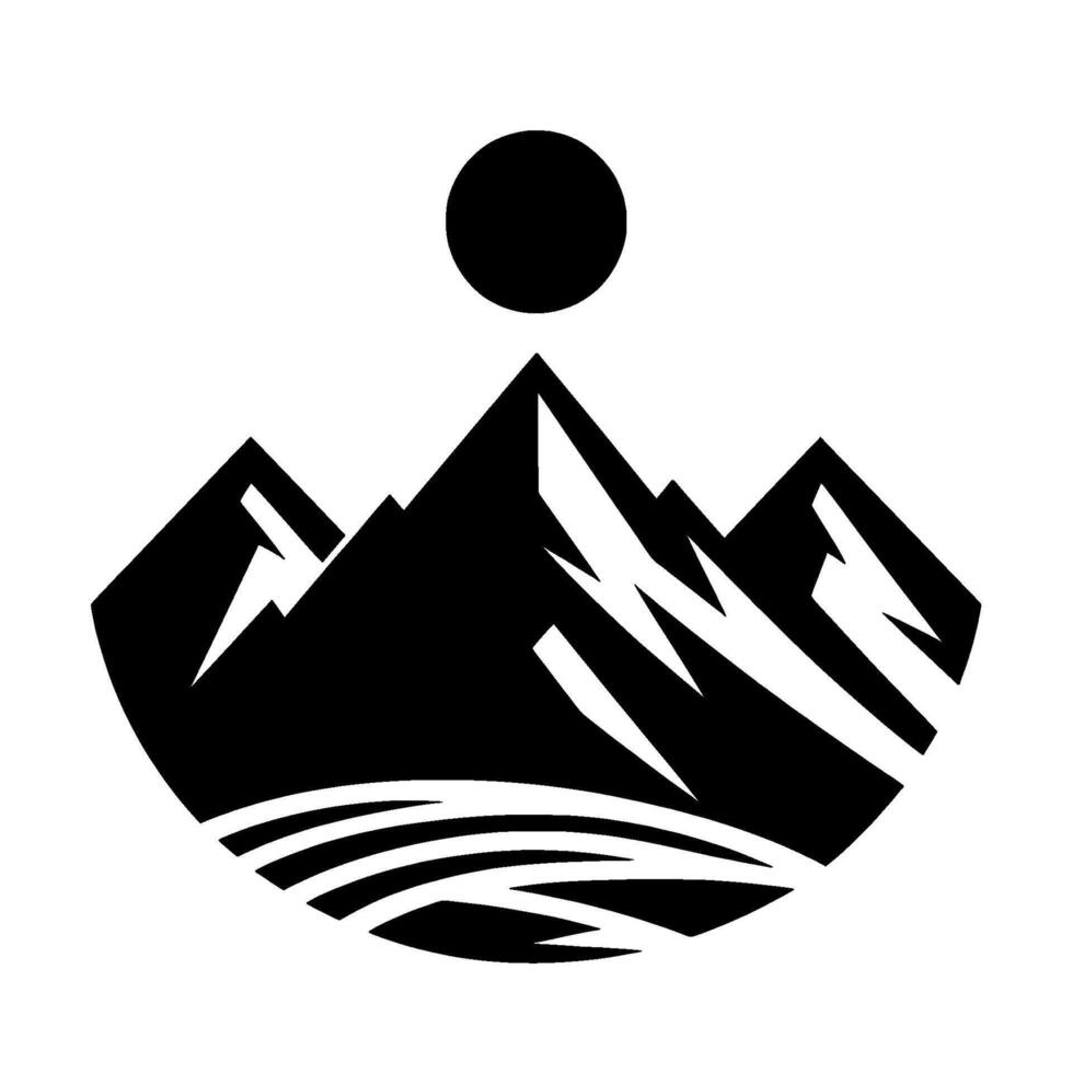Bold Black and White Mountain Silhouette with Geometric Sun and Grassy Horizon, NatureInspired . vector