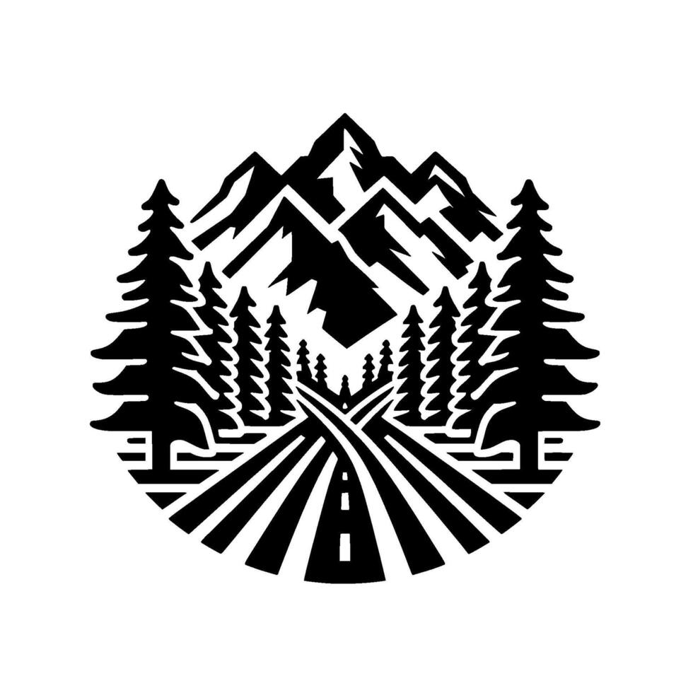 Black and white circular emblem of a mountain range, road through forest, and trees, symbolizing travel and nature. vector