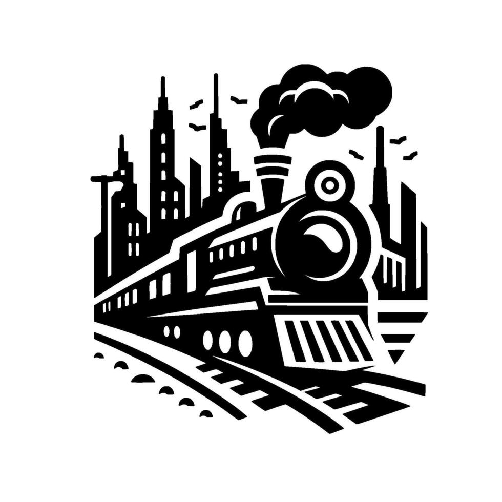 Silhouette of a vintage steam train against a cityscape, emitting dark smoke, presented in a clean, geometric . vector