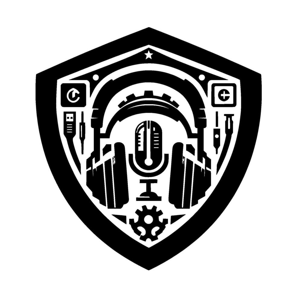 A stylized black and white emblem featuring headphones, microphone, gears, and additional tech icons, arranged within a shield shape, suggesting audio or broadcasting. vector