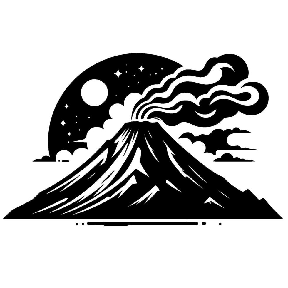 Black and white stylized illustration of a volcanic mountain erupting under a night sky with a full moon, clouds and stars. vector