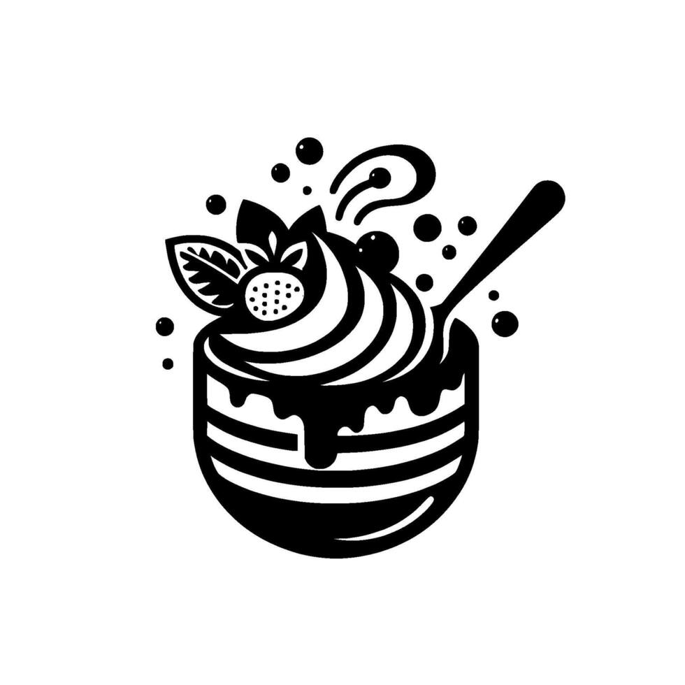 Elegant Monochrome Dessert Illustration Featuring a Striped Cake with Whipped Cream, Berries, Mint, Spoon and Dripping Chocolate Elements, on a white background. vector