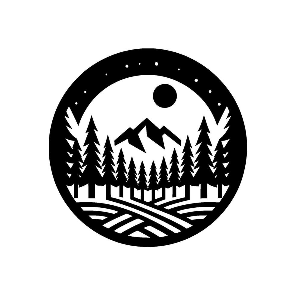 Circular Black and White Minimalist Forest, Mountain, and Celestial Elements, Reflecting Serenity and Outdoors vector