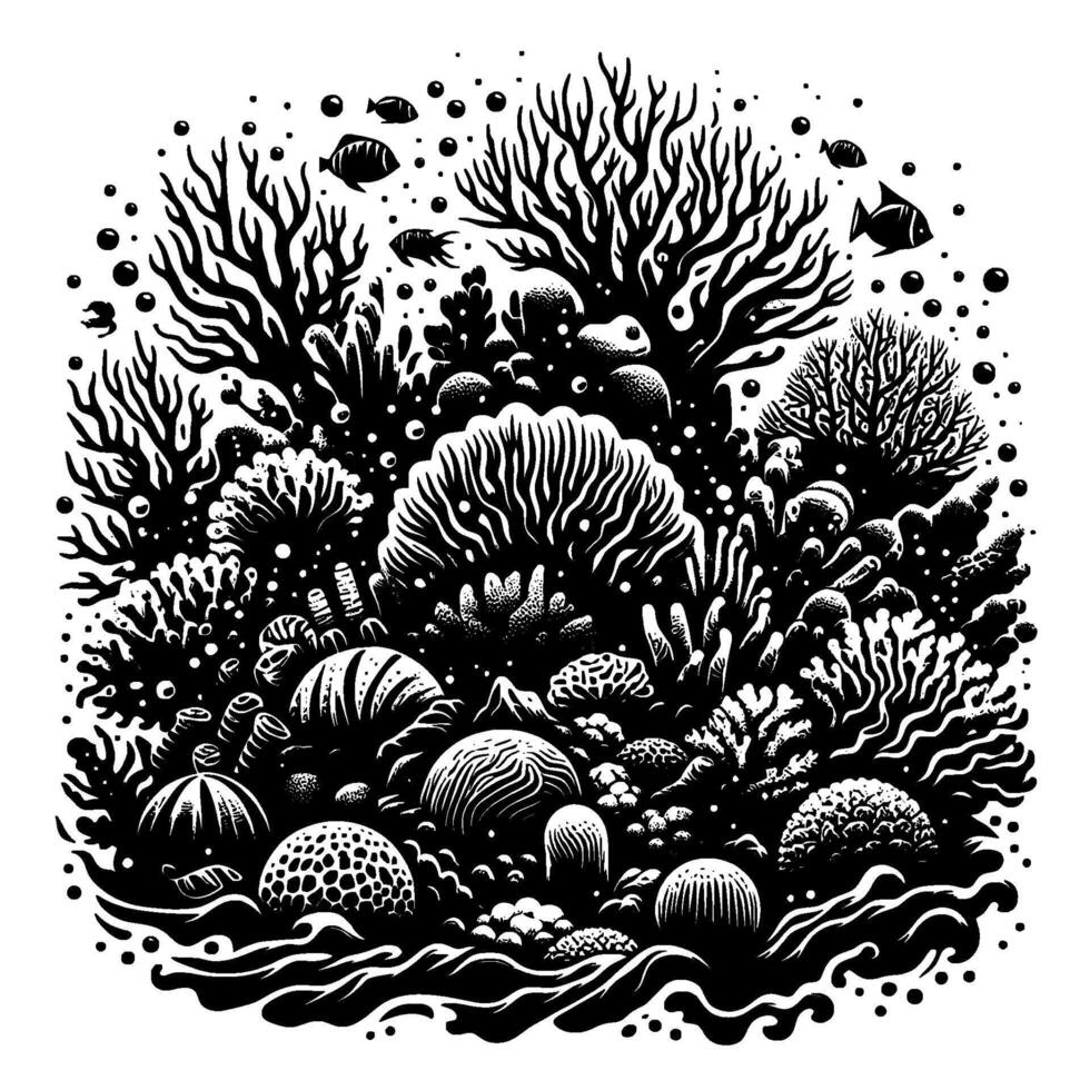 Black and white illustration of vibrant coral reef ecosystem with diverse flora, fauna, and marine life, creating a dynamic underwater scene. vector