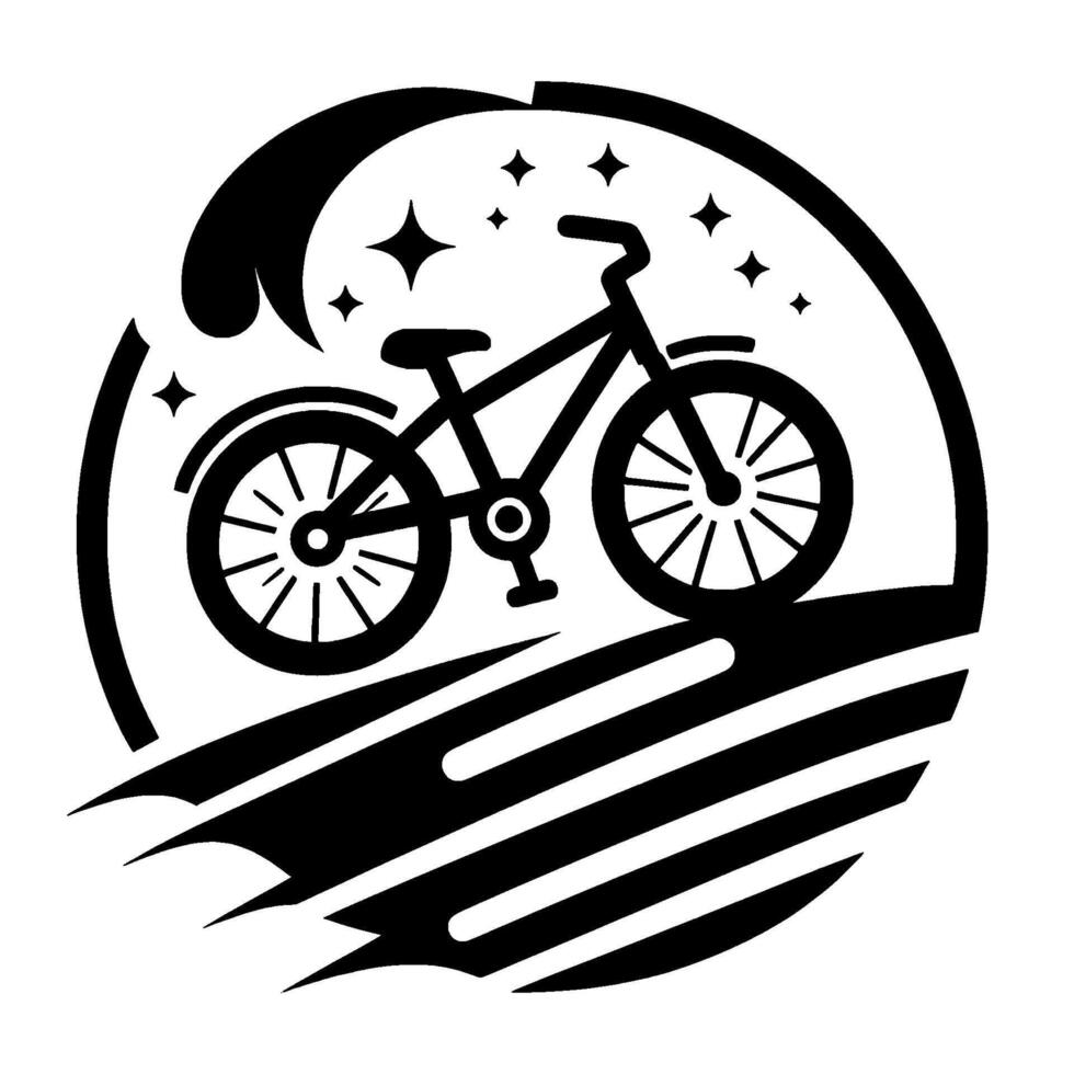 Black and White Bicycle Emblem Mountain Bike Silhouette with Stars and Waves in a Circular Badge, Representing Adventure and the Great Outdoors. vector