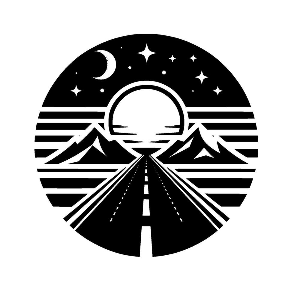 A circular black and white illustration depicts a mountain road at night, under a crescent moon and stars, inside a stylized sunset. vector