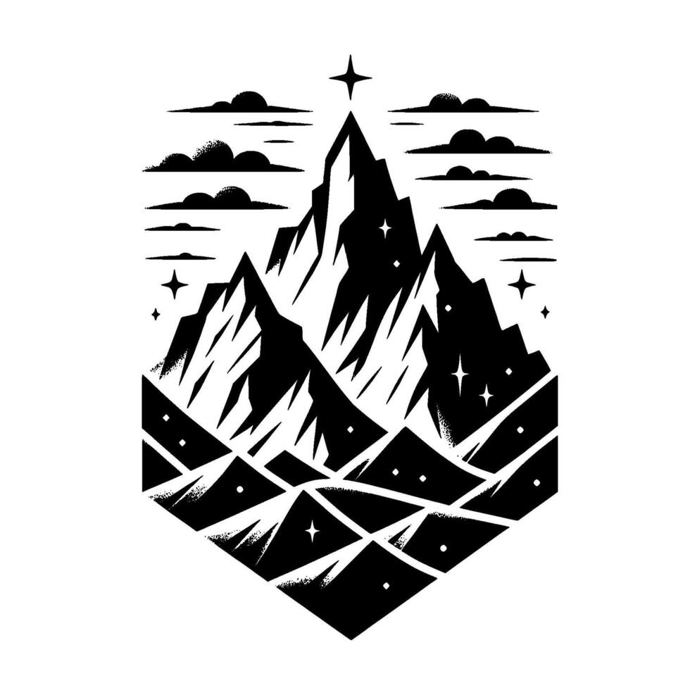 A stylized, hexagonal mountain landscape with jagged peaks, clouds, stars, and a guiding star, rendered in bold black and white, creating a sense of adventure and the sublime. vector