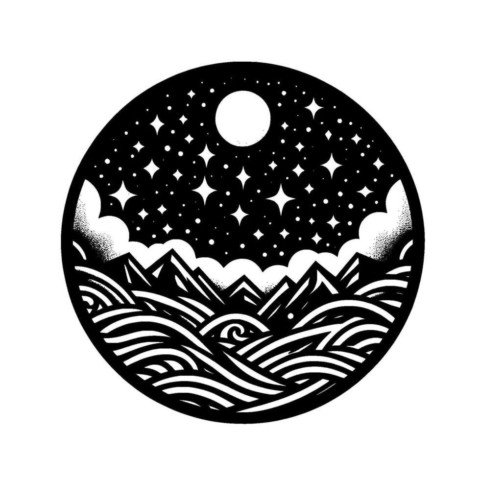 Circular monochrome artwork depicting a starry night sky above stylized mountain ranges and wavy water, with a full moon. vector