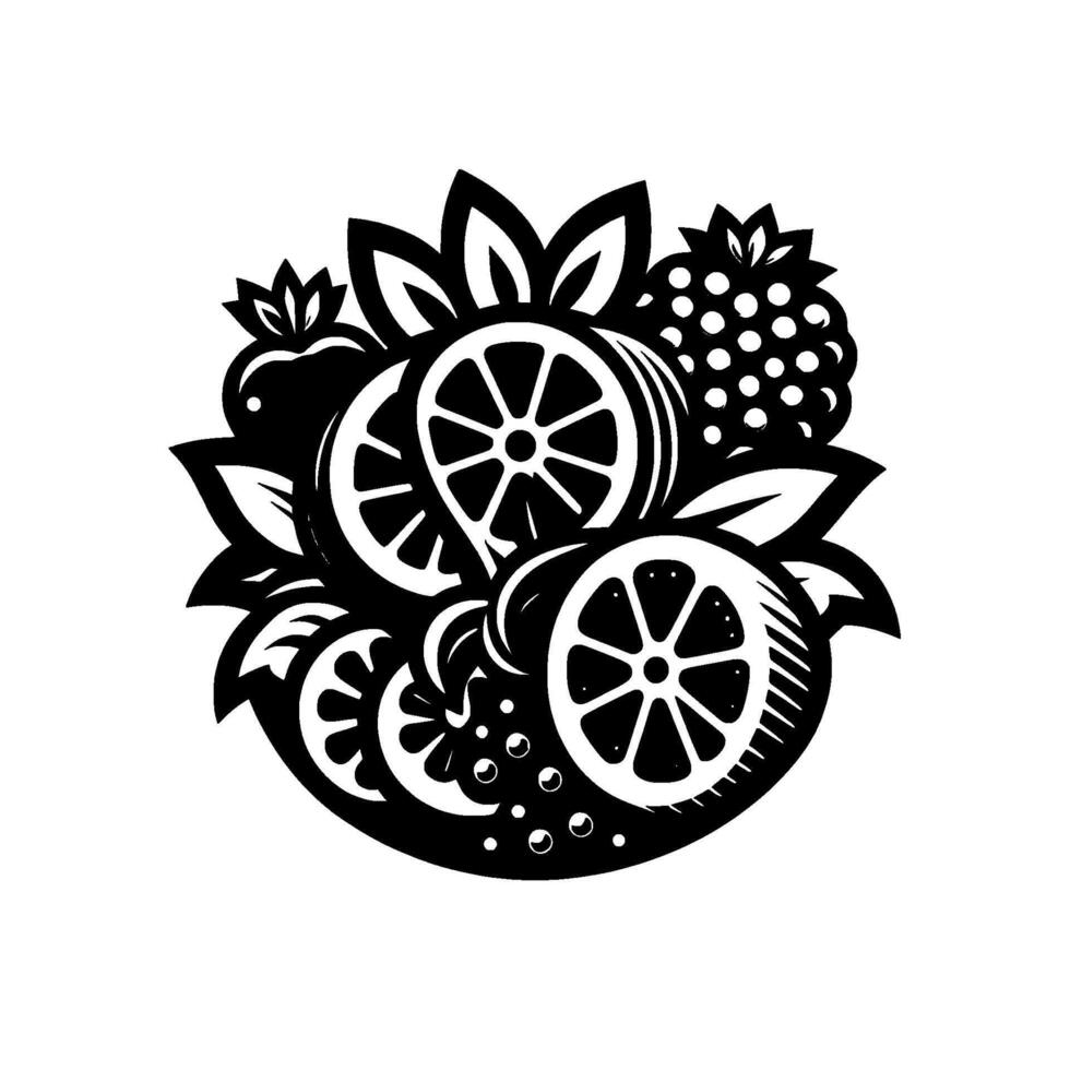 Intricate Black and White Fruit Lemon Slices, Berries, and Leaves in a Stylized, Ornamental Composition. vector