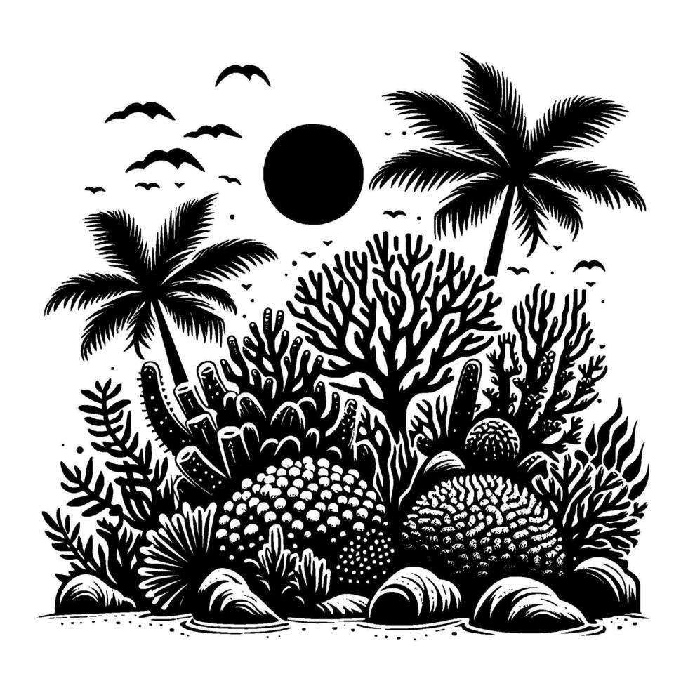Serene Black and White Illustration Tropical Island Oasis with Palm Trees, Coral Reef, Birds, and Sun. vector