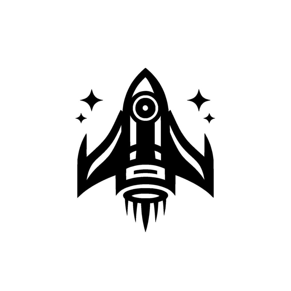 Bold Black and White Rocketship with Stellar Accents, Modern Geometric on a White Canvas. vector