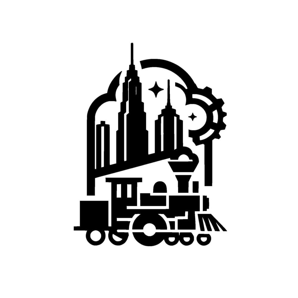 A stylized, black and white illustration featuring a steam train traveling towards a futuristic cityscape with gears and stars, on white background. vector