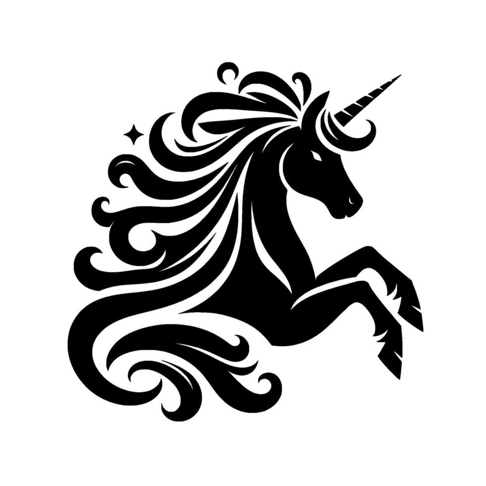 A majestic black silhouette of a rearing unicorn, featuring stylized flowing mane, horn, and star, set against a white backdrop, exuding fantasy and elegance. vector