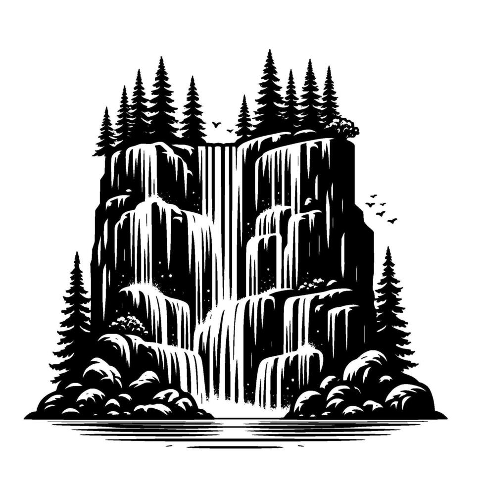 Black and white stylized waterfall illustration with cascading tiers, evergreen trees on top, and birds, representing the raw beauty of nature. vector