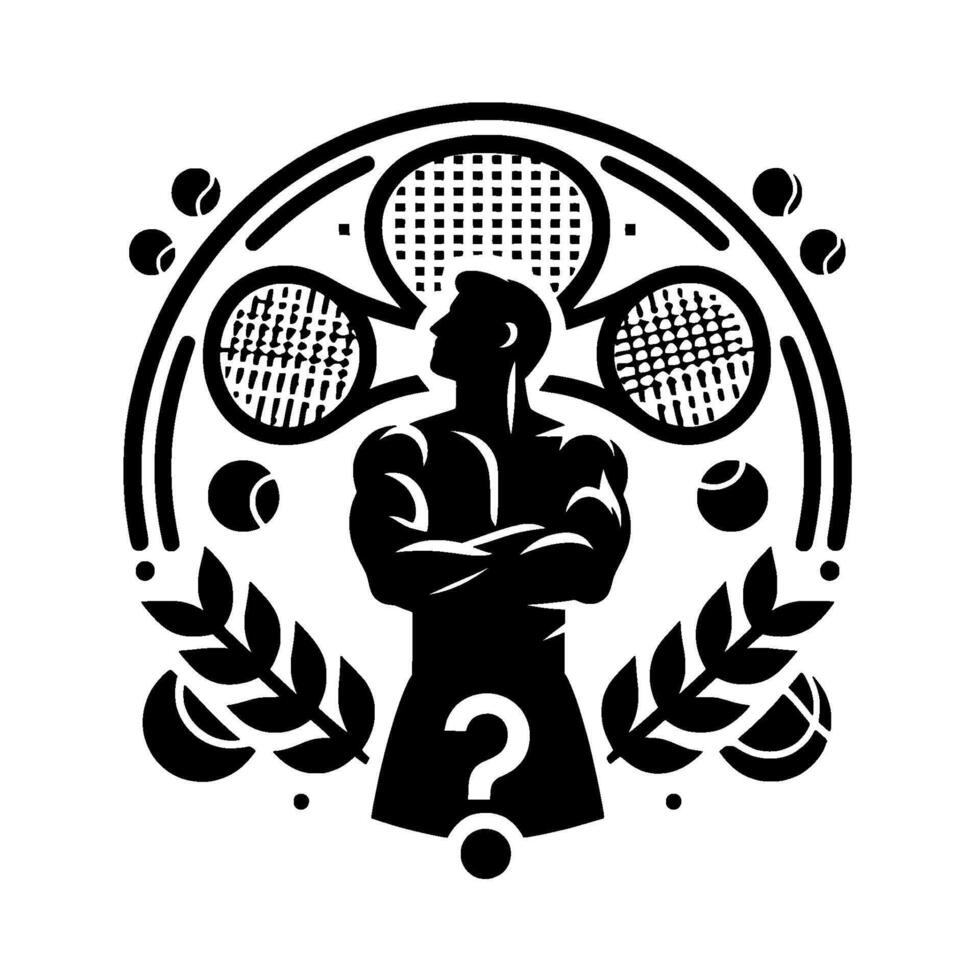 Silhouette of a tennis player with arms crossed, surrounded by tennis equipment, leaves, and question mark in a circular . vector