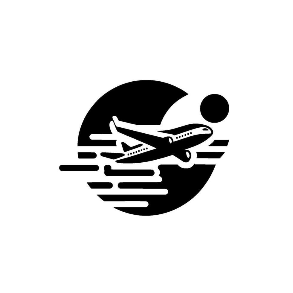 Bold Black and White Aviation Airplane Soaring Through a Circular Background with Sun, Stylized Flight Trail. vector
