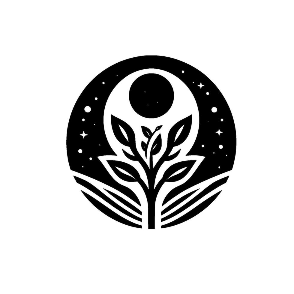 Black and white minimalist featuring a tree encircled by a starry night, with a celestial moon above. vector
