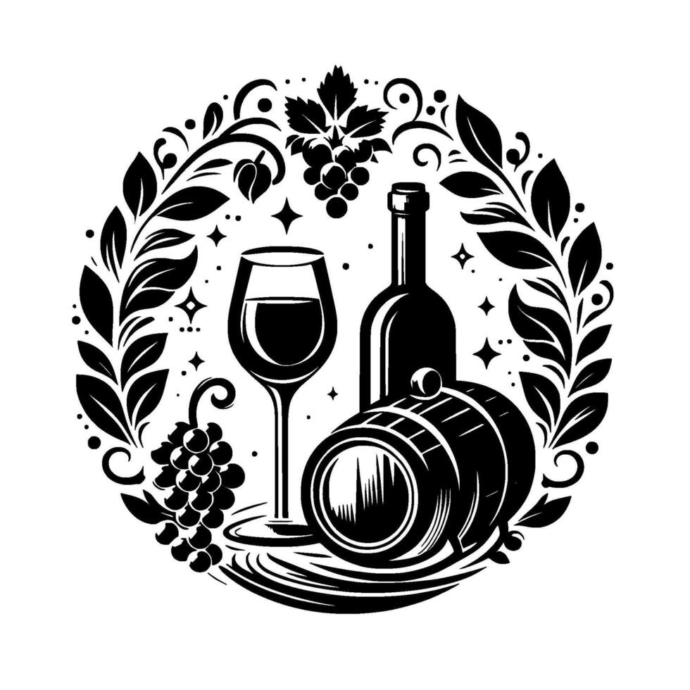 Elegant Black and White Wine Grapes, Barrel, Bottle, and Glass in a Laurel Wreath, Stylized for Wine Culture. vector