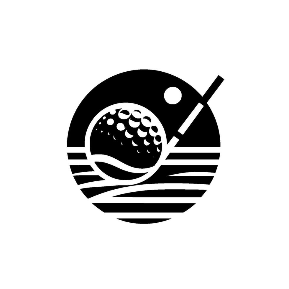Black and white minimalist golf , ball and club inside a circle with horizontal lines suggesting terrain and a golf club with a rising sun. vector
