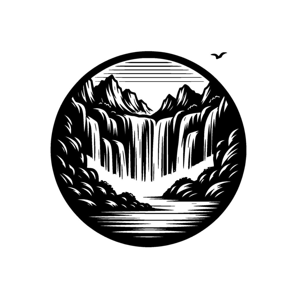 Circular Minimalist Black and White Illustration of a Mountain Waterfall Scene, Tranquil Nature Depiction with Bird. vector