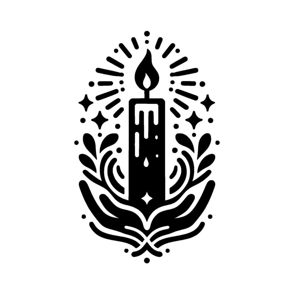 Black and White Candle with Flame, Radiance, Stars, and Leaves, cradled by hands, inside an oval. vector