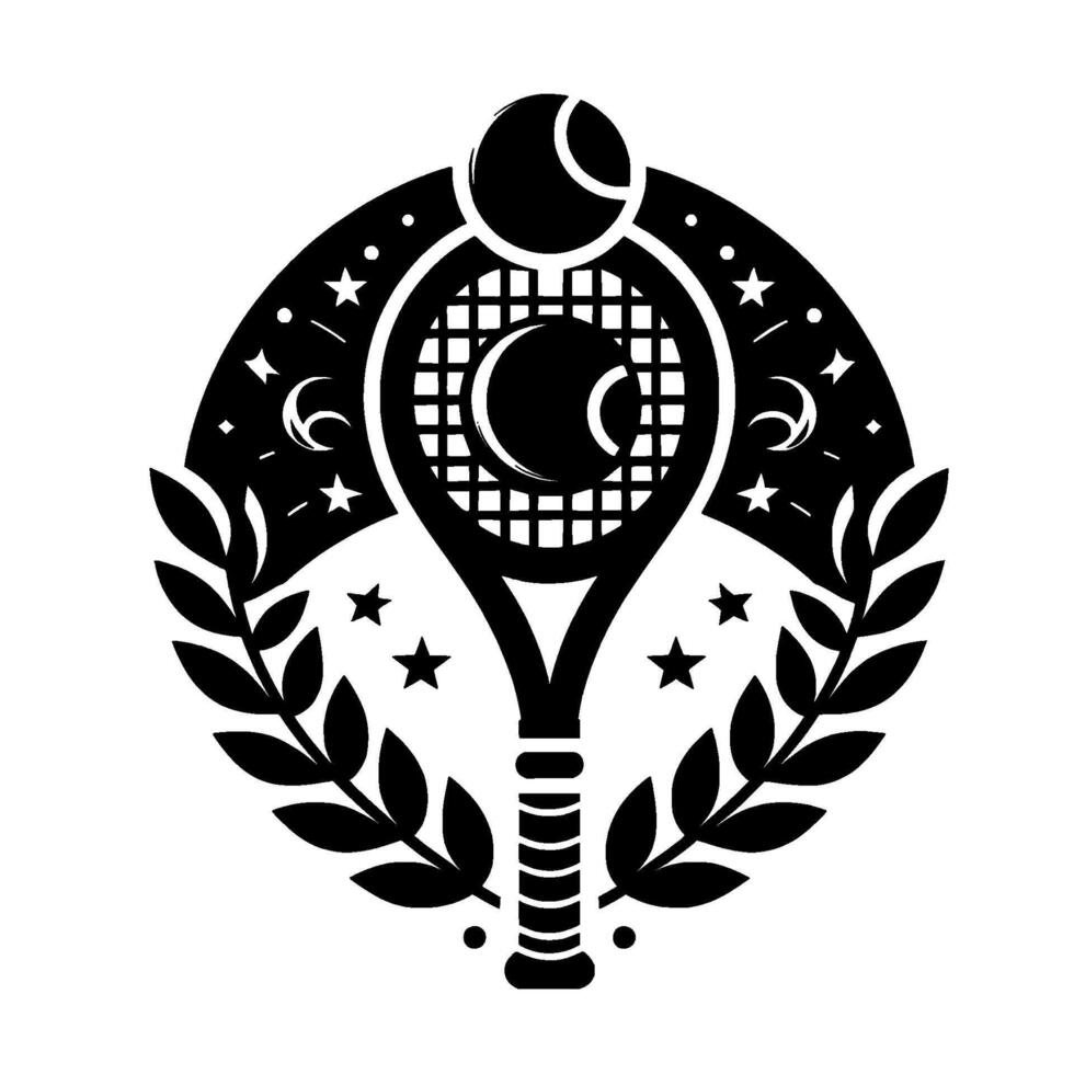 Celestial Tennis A minimalist black and white featuring a tennis racket, ball, crescent moon, stars, and laurel wreath, creating a cosmic emblem. vector