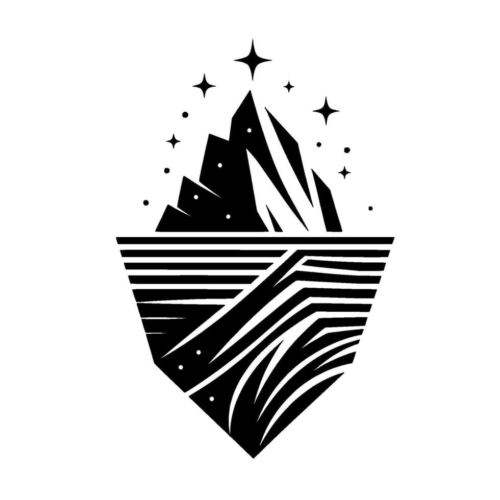 Stylized black and white featuring a mountain peak with star accents, set atop a geometric, textured landscape. vector