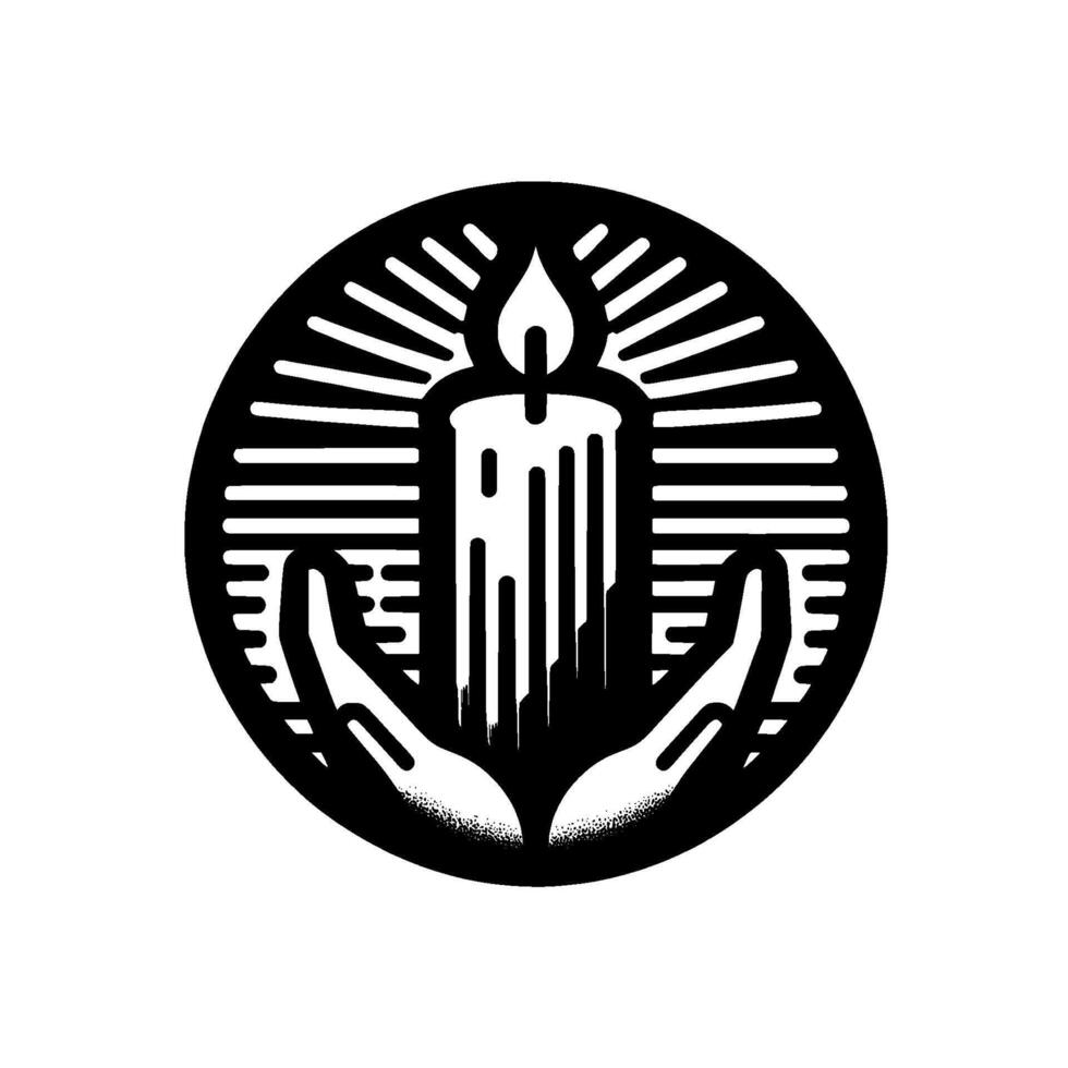 Symbolic Black and White A Circle with Hands Cupping a Lit Candle, Radiating Light, Evoking Warmth and Peace. vector