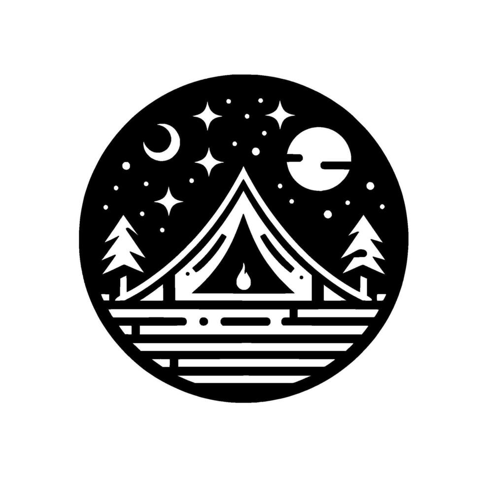 A stylized black and white circular illustration of a campfire scene with a tent, trees, stars, moon, and a cozy, peaceful atmosphere. vector