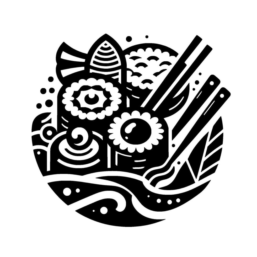 Artistic Black and White Circle Composition Depicting Sushi Rolls, Chopsticks, and Japanese Food Elements. vector