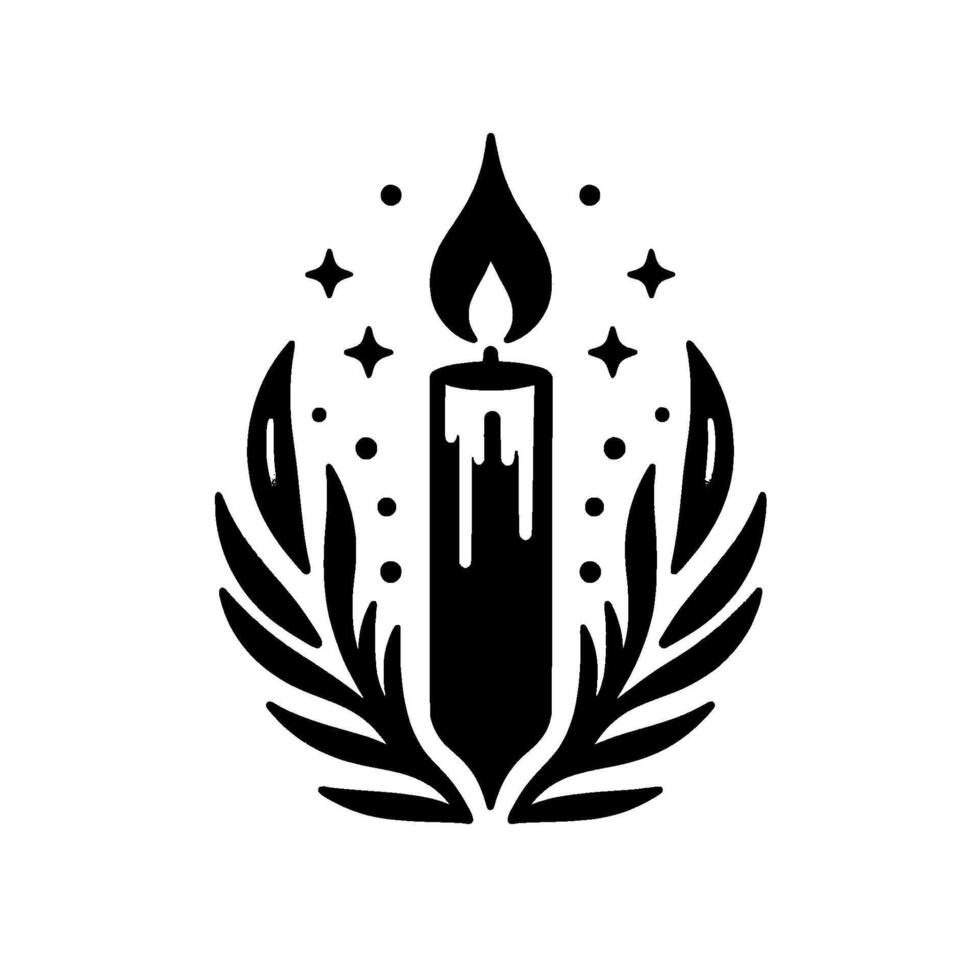 Black and white stylized illustration of a lit candle encircled by foliage and celestial accents. vector