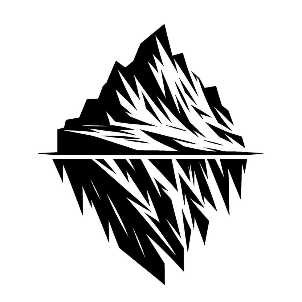 Black and white stylized iceberg with sharp, jagged edges, reflecting on water against white backdrop. vector