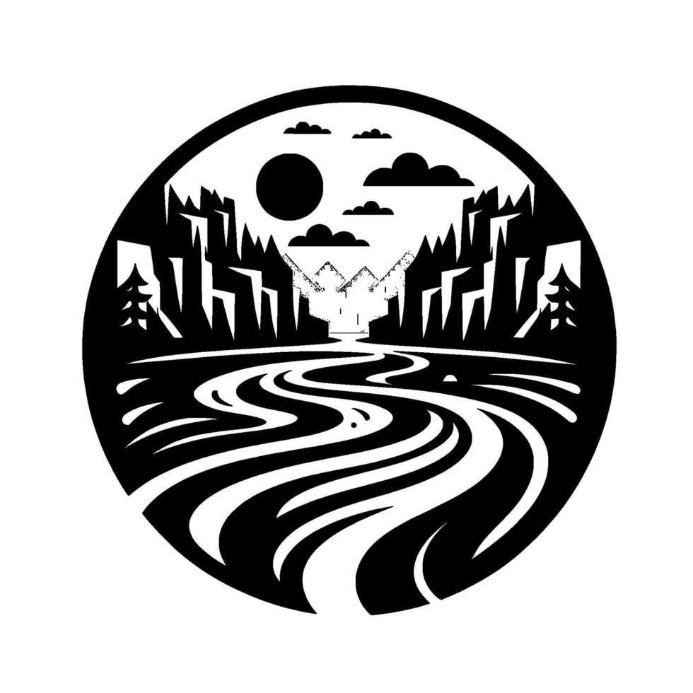Monochrome circular nature scene winding river amidst stylized mountains, trees, sun and clouds. vector