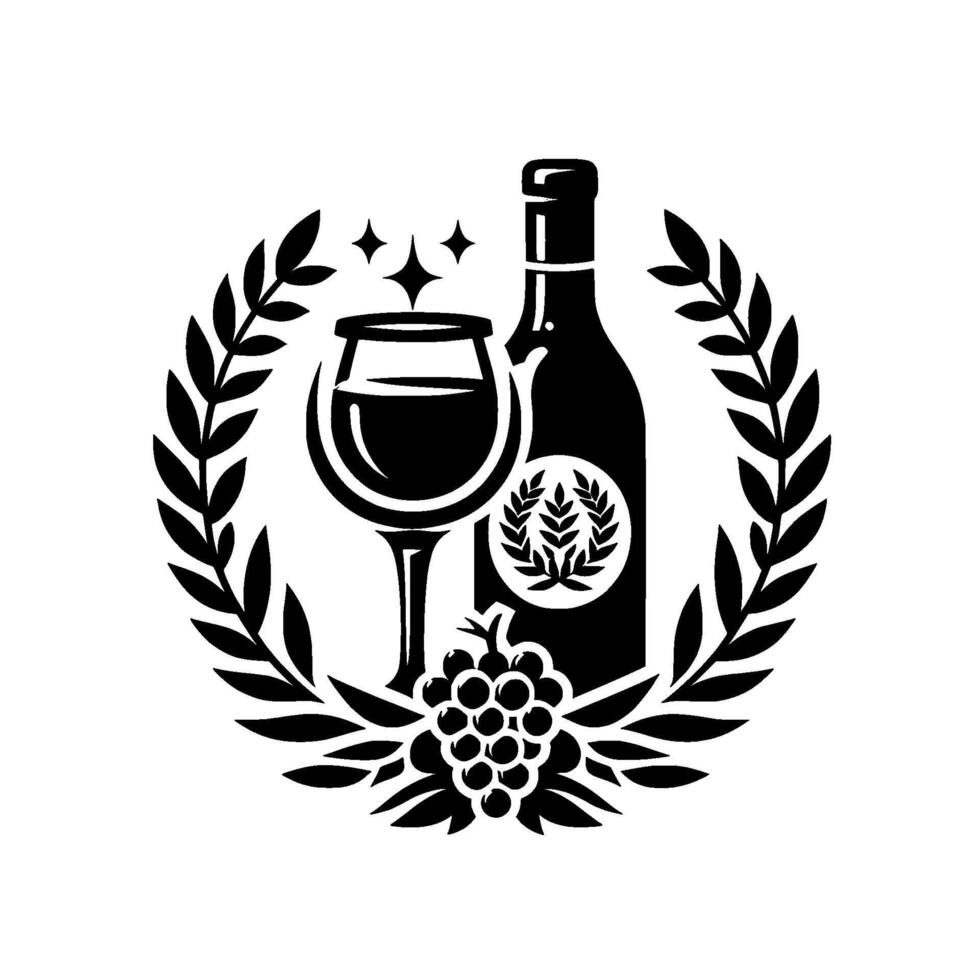 Elegant Black and White Wine Emblem Bottle, Glass, Grapes, Laurel Wreath Starry Accents. vector