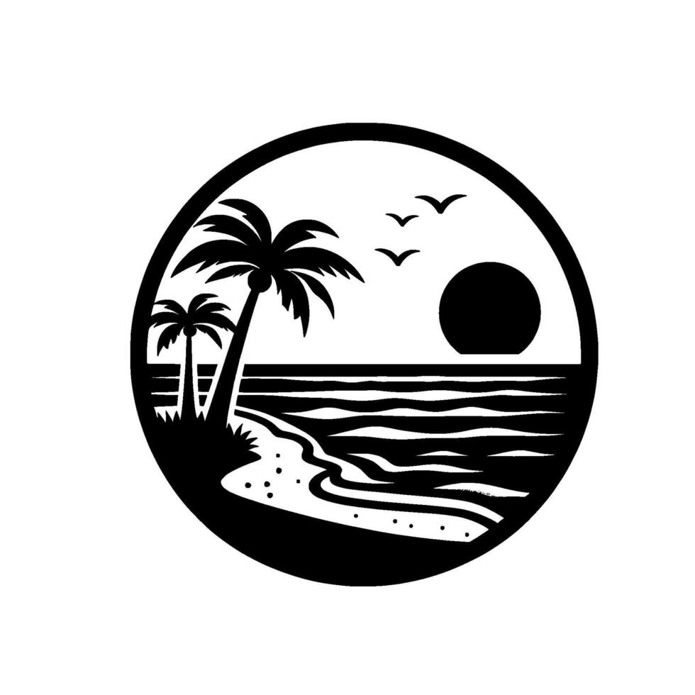Circular Silhouette of a Tropical Beach Scene, Featuring Palm Trees, Ocean, Sun, and Birds. vector