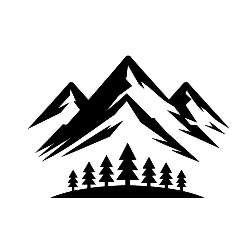 Stylized Black and White Mountain and Forest Silhouette on White Background, Featuring Peaks, Trees, and Landscape Iconography vector